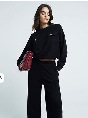 River Island Black Boucle Elasticized Hem Pullover Sweatshirt Gold Buttons M